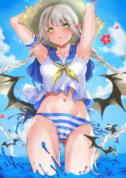 Rule 34 | 1girl, :o, armpits, arms behind head, arms up, bare shoulders, bikini, blue bikini, blue sailor collar, blue sky, blunt bangs, blush, braid, breasts, cloud, collarbone, commentary request, cowboy shot, crop top, day, demon wings, flower, gluteal fold, groin, hat, highres, inue ao, long hair, low wings, md5 mismatch, medium breasts, midriff, moe2021, navel, neckerchief, ocean, orca, original, panties, pointy ears, resolution mismatch, sailor bikini, sailor collar, school uniform, serafuku, shirt, side-tie panties, sidelocks, silver hair, sky, sleeveless, sleeveless shirt, solo, source smaller, standing, straw hat, striped clothes, striped panties, swimsuit, twin braids, underwear, vampire, very long hair, wading, water drop, white shirt, wings, yellow eyes, yellow neckerchief