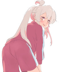 Rule 34 | 1girl, ahoge, brown eyes, commentary, cowboy shot, from behind, genderswap, genderswap (mtf), good ass day, grey hair, hand on own thigh, highres, jacket, kyarahiba, leaning forward, light blush, long hair, long sleeves, looking at viewer, looking back, multicolored hair, onii-chan wa oshimai!, open mouth, oyama mahiro, pink hair, ponytail, red jacket, red shorts, shorts, simple background, sketch, smirk, solo, track jacket, white background