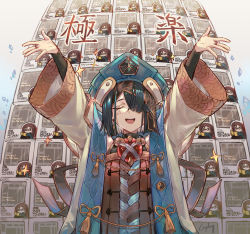 Rule 34 | 1girl, arms up, black hair, blue hat, breasts, bridal gauntlets, chinese clothes, closed eyes, csyday, fate/grand order, fate (series), hair ornament, hair over one eye, hairpin, hat, long sleeves, mole, mole under eye, open mouth, orb, robe, short hair, small breasts, smile, solo, tassel, white robe, wide sleeves, xu fu (fate), yu mei-ren (fate), yu mei-ren (first ascension) (fate)