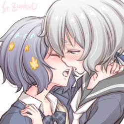 Rule 34 | 2girls, artist name, black sailor collar, blue hair, blush, closed eyes, imminent kiss, konno junko, looking at another, mizuno ai, multiple girls, open mouth, sailor collar, school uniform, short hair, simple background, studiozombie, upper body, white background, white hair, yuri, zombie land saga
