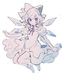 Rule 34 | 1girl, blue eyes, bow, cirno, dress, fairy, full body, green bow, hair bow, highres, ice, ice wings, limited palette, mozukuzu (manukedori), parted lips, puffy short sleeves, puffy sleeves, short hair, short sleeves, simple background, socks, solo, touhou, white background, wings