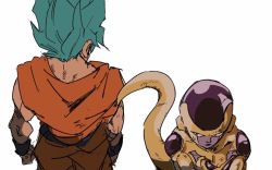 Rule 34 | 10s, 2boys, back turned, blue hair, dougi, dragon ball, dragon ball super, dragon ball z fukkatsu no f, dragonball z, frieza, golden frieza, imamuu (imamoon), looking at another, male focus, multiple boys, serious, short hair, simple background, son goku, spiked hair, super saiyan, super saiyan blue, tail, twitter username, white background, wristband