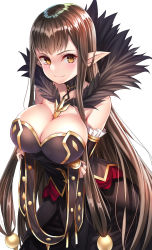 Rule 34 | 1girl, bad id, bad pixiv id, bare shoulders, beads, between breasts, black choker, black dress, black gloves, breast hold, breasts, brown eyes, brown hair, choker, cleavage, closed mouth, collarbone, commentary, dress, elbow gloves, fate/apocrypha, fate (series), fingerless gloves, fur collar, gloves, hair beads, hair ornament, highres, large breasts, long hair, looking at viewer, nano (syoutamho), pointy ears, semiramis (fate), sidelocks, simple background, smile, solo, standing, straight hair, strapless, strapless dress, very long hair, white background