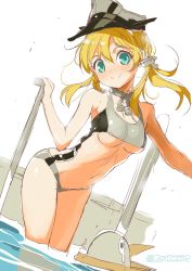 Rule 34 | 1girl, adapted costume, anchor hair ornament, aqua eyes, bird, bismarck (kancolle), bismarck (kancolle) (cosplay), blonde hair, breasts, cosplay, failure penguin, hair ornament, hat, highres, innertube, kantai collection, long hair, looking at viewer, md5 mismatch, midriff, naitou, naitou ryuu, navel, one-piece swimsuit, partially submerged, peaked cap, penguin, pool, prinz eugen (kancolle), resized, smile, solo, swim ring, swimsuit, twintails, twitter username, underboob, water