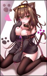 Rule 34 | 10s, 1girl, animal ears, bare shoulders, blush, braid, breasts, brown hair, brown thighhighs, cat ears, cat tail, collar, drooling, fingernails, hairband, highres, kantai collection, kemonomimi mode, kongou (kancolle), long hair, long legs, looking at viewer, nail polish, nipples, no bra, no panties, off shoulder, open mouth, paw print, pussy, single braid, sitting, slit pupils, solo, tail, thighhighs, translation request, uncensored, wariza, yoye (pastel white)