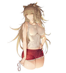 Rule 34 | 1girl, absurdres, animal ears, arknights, bare arms, bare shoulders, breasts, brown eyes, brown hair, commentary request, cropped legs, cutoffs, gkd111, grey tank top, hair between eyes, hand on own hip, highres, impossible clothes, impossible shirt, large breasts, lion ears, long hair, looking at viewer, midriff peek, red shorts, shirt, short shorts, shorts, siege (arknights), simple background, solo, standing, tank top, thighs, white background