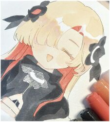 Rule 34 | 1girl, art tools in frame, black coat, black flower, blonde hair, blush, close-up, closed eyes, coat, flower, hair flower, hair ornament, highres, isekai joucho, kamitsubaki studio, long hair, marker (medium), multicolored hair, open mouth, own hands together, photo (medium), red hair, sketch, smile, solo, toke ino, traditional media, two-tone hair, virtual youtuber