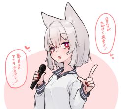 Rule 34 | 1girl, animal ear fluff, animal ears, breasts, collared shirt, commentary request, grey hair, hair between eyes, hands up, heart, holding, holding microphone, long sleeves, microphone, nail polish, original, pink background, purple eyes, red nails, shako (syakoba3), shirt, small breasts, solo, translation request, two-tone background, upper body, white background, white shirt