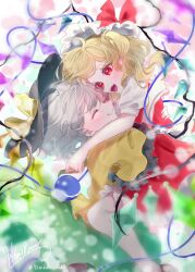Rule 34 | 2girls, 72mikan 1687, :d, ^ ^, arm around waist, black headwear, blonde hair, blush, bow, carrying, carrying person, closed eyes, colored eyelashes, commentary, cowboy shot, crystal, eyelashes, facing another, fang, flandre scarlet, floating hair, foot out of frame, frilled skirt, frilled sleeves, frills, from side, green skirt, grey hair, grin, happy, hat, hat bow, highres, hug, komeiji koishi, looking at another, mob cap, multiple girls, nose, open mouth, puffy short sleeves, puffy sleeves, red bow, red eyes, red skirt, shirt, short sleeves, side ponytail, signature, simple background, skirt, smile, standing, symbol-only commentary, teeth, third eye, touhou, trait connection, twitter username, upper teeth only, white headwear, white shirt, wide sleeves, wings, yellow bow, yellow shirt