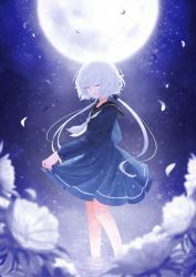 Rule 34 | 1girl, black sailor collar, blue dress, blurry, blurry foreground, dress, floating hair, flower, full moon, konno junko, long hair, low twintails, moon, night, outdoors, petals, pleated dress, pontako (endless-summer-vac-book), sailor collar, sailor dress, short dress, silver hair, skirt hold, soaking feet, solo, standing, twintails, very long hair, wading, white flower, white neckwear, zombie land saga