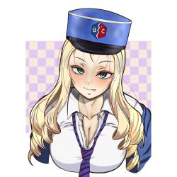 Rule 34 | 1girl, bc freedom (emblem), bc freedom military uniform, bc freedom school uniform, blonde hair, blue hat, blue jacket, checkered background, dress shirt, drill hair, emblem, girls und panzer, green eyes, hat, highres, jacket, kaisoku556, licking lips, long hair, long sleeves, looking at viewer, marie (girls und panzer), military hat, school uniform, shirt, smile, solo, tongue, tongue out, white shirt