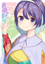 Rule 34 | 1girl, absurdres, aqpaca, blue hair, cape, closed mouth, commentary request, hairband, highres, index finger raised, long sleeves, looking at viewer, multicolored clothes, multicolored hairband, short hair, smile, solo, tenkyuu chimata, touhou, upper body, white cape