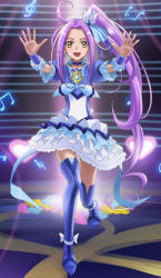 Rule 34 | 10s, 1girl, blue footwear, blue skirt, boots, bow, cure beat, dancing, frilled skirt, frills, hair ornament, happy, haruyama kazunori, jewelry, kurokawa eren, long hair, magical girl, musical note, open mouth, ponytail, precure, purple hair, seiren (suite precure), side ponytail, skirt, smile, solo, spoilers, staff (music), stage, suite precure, thigh boots, thighhighs, treble clef, very long hair, yellow eyes