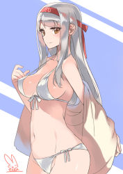 Rule 34 | 10s, 1girl, bikini, blush, breasts, brown eyes, cowboy shot, front-tie bikini top, front-tie top, hairband, kantai collection, large breasts, light smile, looking at viewer, navel, off shoulder, perky breasts, sensen, shoukaku (kancolle), side-tie bikini bottom, sidelocks, silver hair, simple background, solo, strap gap, swimsuit