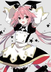 Rule 34 | 1boy, astolfo (fate), astolfo (saber) (fate), astolfo (saber) (third ascension) (fate), black bow, black bowtie, black dress, black gloves, black pantyhose, black ribbon, blush, bow, bowtie, buttons, dress, fang, fate/grand order, fate (series), gloves, grey background, hair between eyes, hair bow, hair intakes, hair ribbon, hands up, juliet sleeves, layered skirt, long hair, long sleeves, looking at viewer, low twintails, male focus, multicolored hair, open mouth, pantyhose, pink hair, puffy sleeves, purple eyes, ribbon, simple background, skirt, smile, solo, star (symbol), streaked hair, trap, twintails, white hair, white skirt, wide sleeves, wing collar, yoshiki