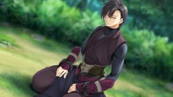 Rule 34 | armor, atelier-moo, closed mouth, curtained hair, dougi, forest, full body, hair between eyes, japanese armor, kote, kurenai shisui, long sleeves, nature, piercing, seiza, short hair, sitting, solo, squinting, wizards symphony, yellow eyes
