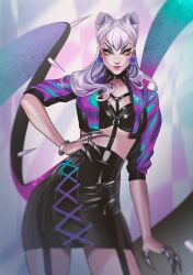 1girl absurdres black_garter_straps black_skirt black_thighhighs claw_(weapon) cropped_jacket earrings evelynn_(league_of_legends) garter_straps hand_on_own_hip highres jacket jewelry k/da_all_out_evelynn league_of_legends long_hair looking_at_viewer open_clothes open_jacket oskar_vega pom_pom_(clothes) pom_pom_earrings skirt solo thighhighs weapon white_hair yellow_eyes