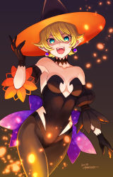 Rule 34 | 1girl, 2019, amenoimo, artist name, black gloves, blonde hair, blue eyes, breasts, choker, dated, earrings, gloves, halloween, hat, highres, jewelry, looking at viewer, margarete gertrude zelle, medium breasts, open mouth, pantyhose, pointy ears, shadow hearts, short hair, smile, solo