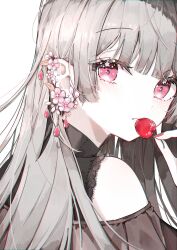 Rule 34 | 1girl, bare shoulders, black shirt, blush, cherry, close-up, dangle earrings, earrings, eye glitter, fingernails, flower, flower earrings, flower in eye, food, from side, fruit, gem, harunatwo1228, highres, jewelry, long hair, looking at viewer, original, pink eyes, pink flower, pink nails, raised eyebrows, shirt, sideburns, simple background, solo, star (symbol), star in eye, symbol in eye, white background, white hair