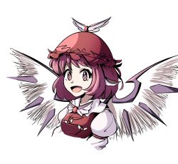 Rule 34 | 1girl, absurdres, animal ears, bird ears, bird wings, brown headwear, commentary, cropped torso, english commentary, highres, ja moth, looking at viewer, mystia lorelei, open mouth, panties, pink eyes, pink hair, short hair, simple background, solo, touhou, underwear, upper body, white background, white panties, white wings, winged hat, wings