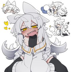 Rule 34 | &gt; &lt;, 1girl, 1other, :d, :q, ^^^, ahoge, animal ears, aroused, bare shoulders, black shirt, black thighhighs, blush, cellphone, closed eyes, closed mouth, commentary request, dorodra (kisaragi kaya), dripping, drooling, facing another, grey hair, grey sweater, half-closed eyes, heart, holding, holding phone, index finger raised, kisaragi kaya, long hair, looking at viewer, motion lines, mouth drool, multiple views, notice lines, off-shoulder sweater, off shoulder, open mouth, original, phone, pillow, sharp teeth, shirt, simple background, sleeveless, sleeveless shirt, sleeveless turtleneck, smartphone, smile, straddling, sweater, teeth, thick eyebrows, thighhighs, tongue, tongue out, turtleneck, turtleneck shirt, upper teeth only, very long hair, white background, yellow eyes, zettai ryouiki