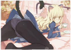 Rule 34 | 00s, 1girl, all fours, animal ears, ass, bed, blonde hair, blush, brown eyes, cup, glasses, long hair, looking at viewer, looking back, murasawa hiroshi, panties, panties under pantyhose, pantyhose, perrine h. clostermann, solo, strike witches, tail, tea, thighs, underwear, world witches series, yellow eyes