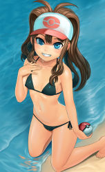 Rule 34 | 10s, 1girl, artist name, bare arms, bare legs, barefoot, baseball cap, bikini, black bikini, blue eyes, breasts, brown hair, cameltoe, collarbone, covered erect nipples, creatures (company), feet, game freak, grin, hat, highres, hilda (pokemon), kneeling, lasterk, looking at viewer, navel, nintendo, open mouth, poke ball, poke ball (basic), pokemon, pokemon bw, sand, side-tie bikini bottom, sleeveless, small breasts, smile, solo, swimsuit, toes, water, water drop, watermark, web address, wet, wet clothes