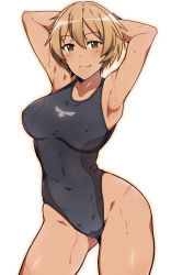 Rule 34 | 1girl, armpits, arms up, black one-piece swimsuit, blonde hair, breasts, brown eyes, cameltoe, commentary request, competition swimsuit, covered erect nipples, em (totsuzen no hakike), hair between eyes, medium breasts, one-piece swimsuit, short hair, simple background, smile, solo, split mouth, standing, swimsuit, waltrud krupinski, wet, wet hair, white background, world witches series