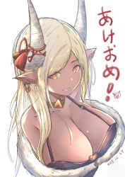 Rule 34 | 1girl, absurdres, bad id, bad pixiv id, bare shoulders, blonde hair, blush, breasts, cleavage, closed mouth, collarbone, dark-skinned female, dark skin, dated, draph, earrings, fur trim, granblue fantasy, highres, horns, jewelry, kumbhira (granblue fantasy), large breasts, lips, long hair, looking at viewer, pointy ears, simple background, sketch, smile, solo, upper body, white background, yellow eyes