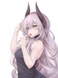 Rule 34 | 1girl, bare shoulders, borrowed character, breasts, candy, cleavage, demon horns, facial mark, food, heterochromia, highres, horns, kentchiro souriyadeth, lollipop, long hair, looking at viewer, original, red eyes, shirt, silver hair, sleeveless, solo, taut clothes, taut shirt, upper body, very long hair, whisker markings, white background, yellow eyes