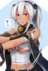 Rule 34 | 1girl, absurdres, alternate costume, bare shoulders, black gloves, blue background, blush, breasts, budget sarashi, cape, collar, dark-skinned female, dark skin, glasses, gloves, hair between eyes, highres, kantai collection, large breasts, long hair, looking at viewer, metal collar, musashi (kancolle), musashi kai (kancolle), musashi kai ni (kancolle), navel, open mouth, partially fingerless gloves, red eyes, sarashi, solo, twintails, two-tone background, underboob, upper body, very long hair, white background, white hair, yunamaro