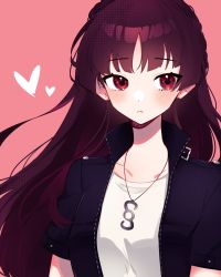 Rule 34 | 1girl, :&lt;, absurdres, alternate hair length, alternate hairstyle, bad id, bad twitter id, black jacket, blush, braid, brown hair, closed mouth, collarbone, commentary, crown braid, emi star, english commentary, heart, high collar, highres, jacket, jewelry, long hair, looking to the side, necklace, niijima makoto, open clothes, open jacket, parted bangs, persona, persona 5, persona 5 scramble: the phantom strikers, pink background, red eyes, shirt, short sleeves, simple background, solo, upper body, very long hair, white shirt