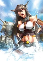 Rule 34 | 10s, 1girl, abs, black hair, breasts, clenched hands, collarbone, didloaded, fingerless gloves, gloves, hairband, headgear, kantai collection, long hair, midriff, miniskirt, nagato (kancolle), navel, open mouth, personification, pleated skirt, red eyes, skirt, solo, turret, uvula, very long hair, water, water drop