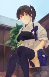 Rule 34 | 10s, 1girl, architecture, bad id, bad twitter id, between legs, bird, black thighhighs, brown eyes, brown hair, commentary, fukazaki (g425hw45), hair between eyes, hair tie, hand between legs, hip vent, japanese clothes, kaga (kancolle), kantai collection, kimono, long hair, muneate, side ponytail, solo, tasuki, thighhighs, tree
