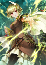 Rule 34 | 1girl, akuru (akr369akr), black pantyhose, blonde hair, book, citrinne (fire emblem), commission, dress, earrings, feather hair ornament, feathers, fire emblem, fire emblem engage, hair ornament, holding, holding book, jewelry, long dress, looking at viewer, magic, nintendo, open mouth, outstretched arm, pantyhose, red eyes, short hair, skeb commission