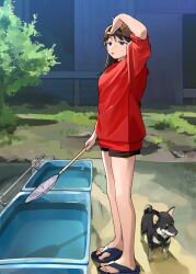 Rule 34 | 1girl, baseball cap, black hair, black shorts, brown hat, bush, from side, grass, hat, highres, long hair, looking to the side, mmmo3, original, outdoors, red shirt, sandals, shirt, short shorts, shorts, standing, sweatdrop, toes, water