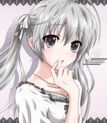 Rule 34 | 1girl, antenna hair, black eyes, face, female focus, finger to mouth, highres, jewelry, kasugano sora, long hair, necklace, silver hair, solo, twintails, wingheart, yosuga no sora