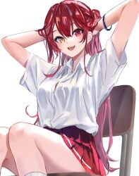 Rule 34 | 1girl, adjusting hair, arms behind head, blush, breasts, heterochromia, highres, hololive, houshou marine, large breasts, long hair, looking at viewer, on chair, open mouth, ponkan 8, red eyes, red hair, red skirt, shirt, sitting, skirt, smile, solo, thighs, very long hair, virtual youtuber, white shirt, wristband, yellow eyes