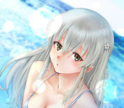 Rule 34 | 1girl, assault lily, bare arms, bare shoulders, bikini, blurry, blurry background, breasts, cleavage, collarbone, commentary, day, dutch angle, egawa kusumi, flower, grey bikini, grey eyes, grey hair, hair flower, hair ornament, horizon, lens flare, light particles, long hair, looking ahead, medium breasts, nenshuu5man, ocean, outdoors, parted lips, sidelocks, solo, strap gap, swimsuit, upper body