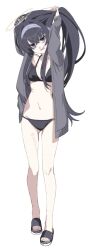Rule 34 | 1girl, black panties, blue archive, cardigan, full body, halo, highres, long hair, looking at viewer, panties, purple eyes, saito aoba, sandals, solo, twitter, ui (blue archive), ui (swimsuit) (blue archive), underwear, white background