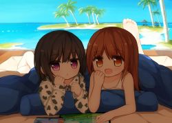 Rule 34 | 2girls, :d, :o, bare arms, bare shoulders, barefoot, blue sky, blush, brown eyes, brown hair, collarbone, collared shirt, commentary request, day, hair between eyes, hands up, horizon, leg up, long sleeves, lying, multiple girls, ocean, on stomach, open mouth, original, outdoors, palm tree, parted lips, print shirt, purple eyes, shirt, sky, sleeves past wrists, smile, soles, tank top, tree, water, white shirt, yuuhagi (amaretto-no-natsu)