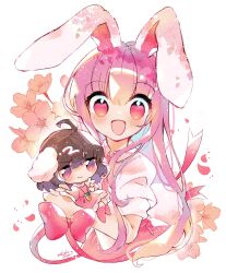 Rule 34 | 2girls, :3, ahoge, animal ears, blush, brown hair, carrot necklace, cherry blossoms, dress, highres, inaba tewi, jewelry, long hair, looking at viewer, medium hair, mikako chan3, mini person, minigirl, multiple girls, necklace, open mouth, petals, pink dress, pink hair, rabbit ears, rabbit girl, red eyes, reisen udongein inaba, shirt, short sleeves, signature, size difference, smile, touhou, upper body, white background, white shirt