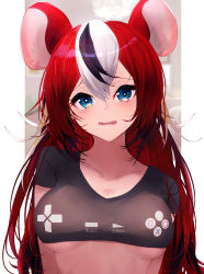Rule 34 | 1girl, absurdres, animal ear fluff, animal ears, black hair, black shirt, blue eyes, breasts, collarbone, controller, crop top, game controller, getto, hakos baelz, highres, hololive, hololive english, long hair, looking at viewer, medium breasts, mouse ears, mouse girl, multicolored hair, parted lips, playstation controller, print shirt, raised eyebrows, red hair, shirt, shy, solo, streaked hair, underboob, upper body, virtual youtuber, white hair