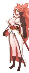 Rule 34 | 1girl, amputee, bad id, bad pixiv id, baiken, breasts, cleavage, covered erect nipples, eyepatch, full body, fundoshi, guilty gear, guilty gear xrd, hand on hilt, high collar, highres, japanese clothes, kimono, legs, long hair, looking at viewer, no shoes, obi, one-eyed, open clothes, open kimono, ponytail, red eyes, red hair, rope, sagging breasts, sash, scar, scar across eye, scar on face, sheath, shimenawa, socks, solo, very long hair, vulcan (ejel2000)