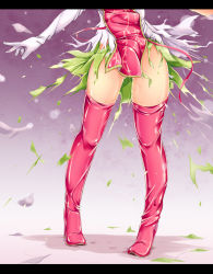 Rule 34 | 1girl, boots, elbow gloves, exploding clothes, gloves, head out of frame, high heels, highres, ibaraki kasen, ichirino minagi, legs, letterboxed, lower body, no panties, pussy juice, solo, tabard, thigh boots, thighhighs, torn clothes, touhou, waist down