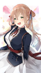 Rule 34 | 1girl, :d, arms behind back, blazer, blue jacket, blush, breasts, brown hair, dress, girls&#039; frontline, green eyes, hair between eyes, hair ribbon, hair rings, head tilt, highres, jacket, large breasts, long hair, looking at viewer, neck ribbon, open mouth, ribbon, sakippo (sakippo0), sash, shirt, sidelocks, smile, solo, springfield (girls&#039; frontline), sword, twintails, upper body, weapon, white dress