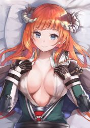Rule 34 | 1girl, arknights, bagpipe (arknights), bed sheet, black gloves, blue eyes, breasts, commentary request, gloves, green jacket, hands up, horns, jacket, large breasts, long hair, long sleeves, looking at viewer, lying, on back, orange hair, shirt, smile, solo, upper body, white shirt, yuzuruka (bougainvillea)