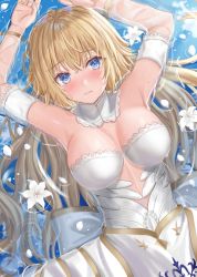 Rule 34 | 1girl, armpits, arms up, bare shoulders, blonde hair, blue eyes, blush, breasts, cleavage, detached collar, dress, fate/grand order, fate (series), flower, highres, jeanne d&#039;arc (fate), jeanne d&#039;arc (lostroom outfit) (fate), kazama (akki12), large breasts, long hair, looking at viewer, lying, on back, partially submerged, revision, solo, very long hair, water, wet, white dress