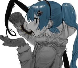 Rule 34 | 1girl, atkm2, black eyes, blue hair, bug, centipede, coat, ear piercing, earrings, eating, extra arms, from side, gloves, grey gloves, hairband, hands up, jewelry, long hair, long sleeves, looking at viewer, looking to the side, monster girl, open mouth, original, piercing, ponytail, scar, sideways glance, simple background, solo, spot color, veins, white background, winter clothes, winter coat