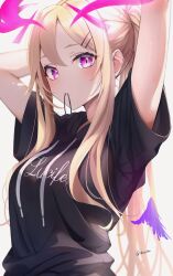 Rule 34 | 1girl, arms up, black shirt, blonde hair, english text, eyelashes, hair ornament, hair tie in mouth, hairpin, halo, highres, horns, long hair, looking at viewer, mouth hold, nibo shia, original, pink eyes, pink halo, pink horns, pink wings, shirt, signature, tying hair, white background, wings